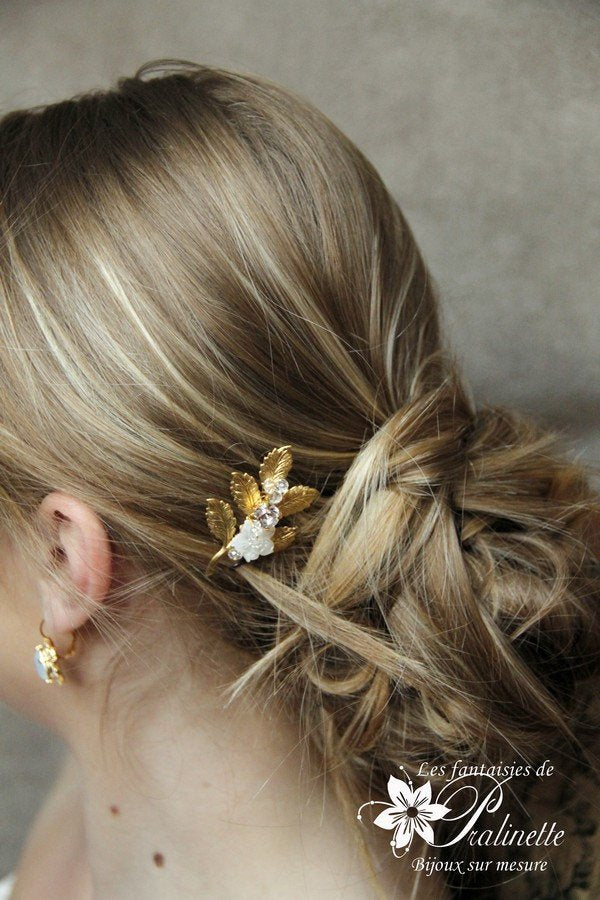 Peigne mariage Lila branchage doré rebrodé nacre et cristal