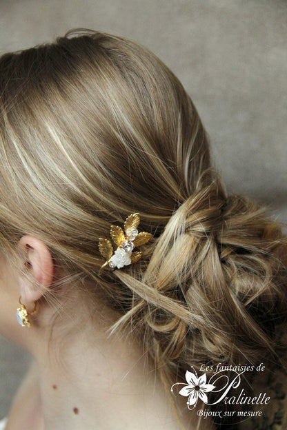 Peigne mariage Lila branchage doré rebrodé nacre et cristal