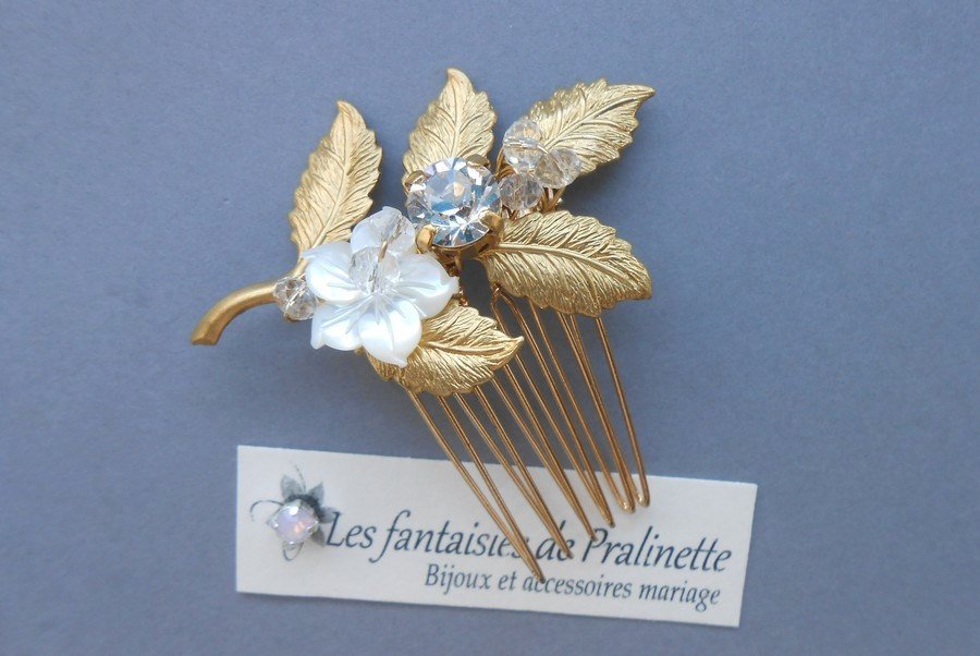 Peigne mariage Lila branchage doré rebrodé nacre et cristal