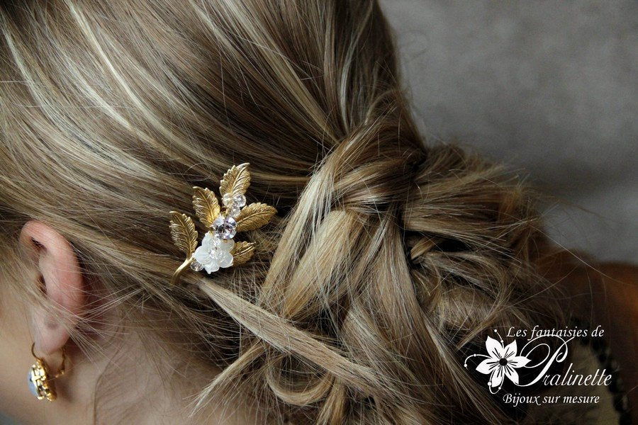 Peigne mariage Lila branchage doré rebrodé nacre et cristal