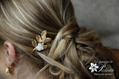 Peigne mariage Lila branchage doré rebrodé nacre et cristal