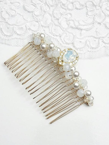 Peigne mariée blanc opal cristal et perles
