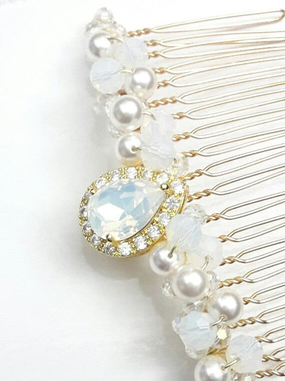 Peigne mariée blanc opal cristal et perles