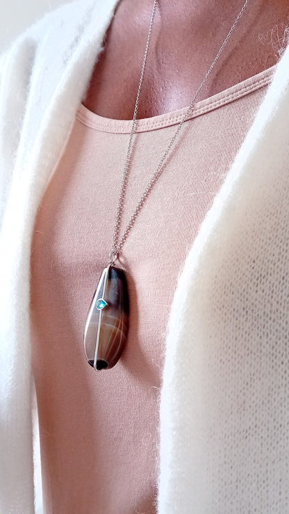 Collier sautoir agate talisman goutte bleue