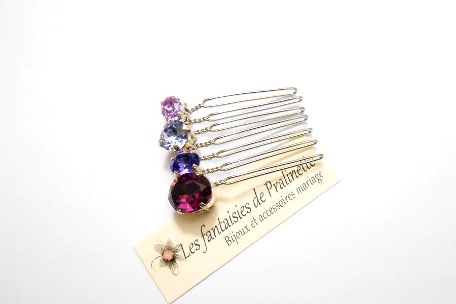 Quatuor peigne cheveux intemporel en cristal, cristaux sertis violets