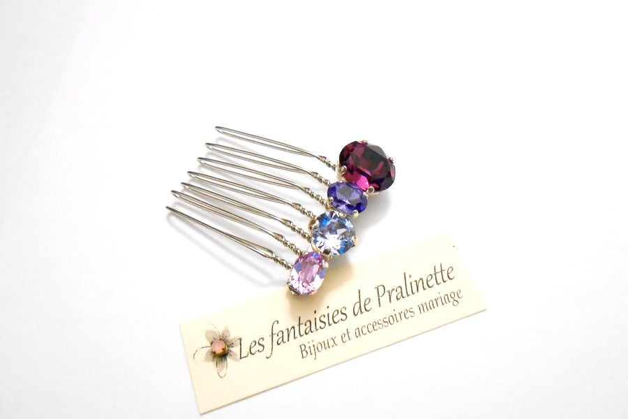 Quatuor peigne cheveux intemporel en cristal, cristaux sertis violets