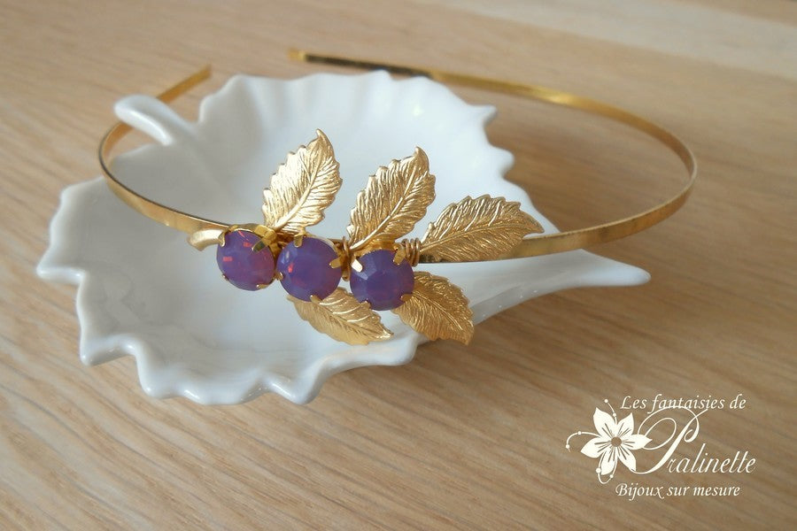 Serre-tête headband branche feuilles dorées rebrodées de cristaux