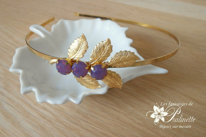 Serre-tête headband branche feuilles dorées rebrodées de cristaux