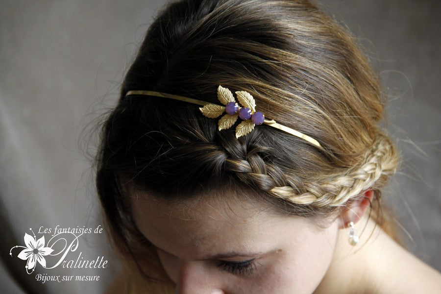 Serre-tête headband branche feuilles dorées rebrodées de cristaux