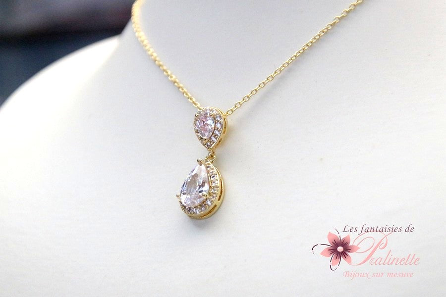 Soane pendentif collier de mariage deux gouttes cristal oxyde de zirconium serti et strass sur fine chaine