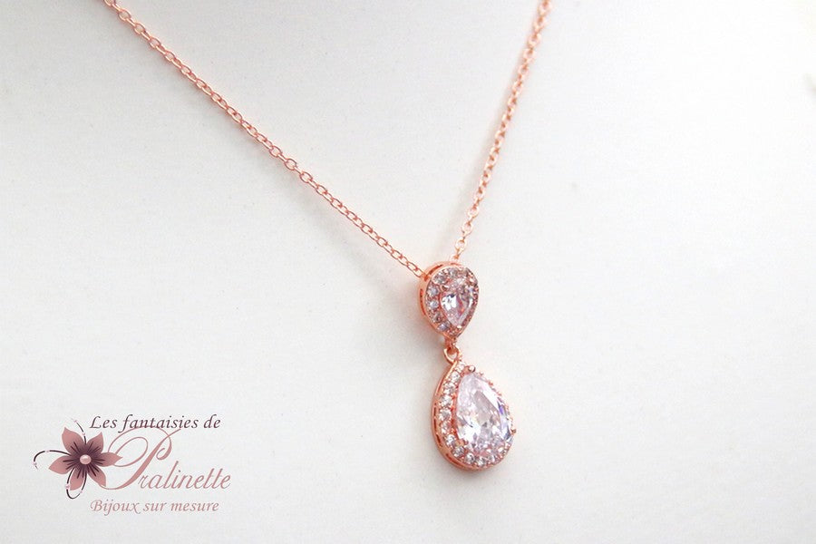 Soane pendentif collier de mariage deux gouttes cristal oxyde de zirconium serti et strass sur fine chaine