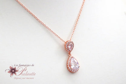 Soane pendentif collier de mariage deux gouttes cristal oxyde de zirconium serti et strass sur fine chaine