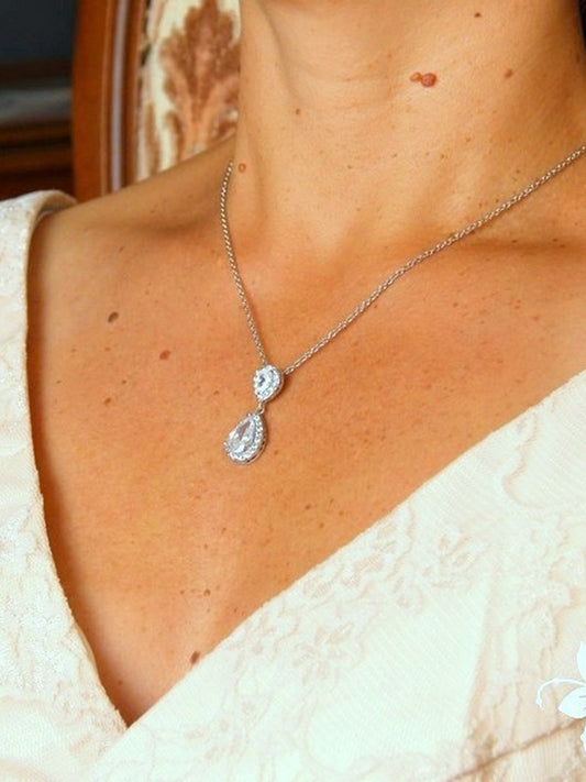 Soane pendentif collier de mariage deux gouttes cristal oxyde de zirconium serti et strass sur fine chaine