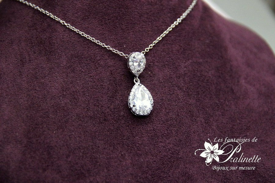 Soane pendentif collier de mariage deux gouttes cristal oxyde de zirconium serti et strass sur fine chaine