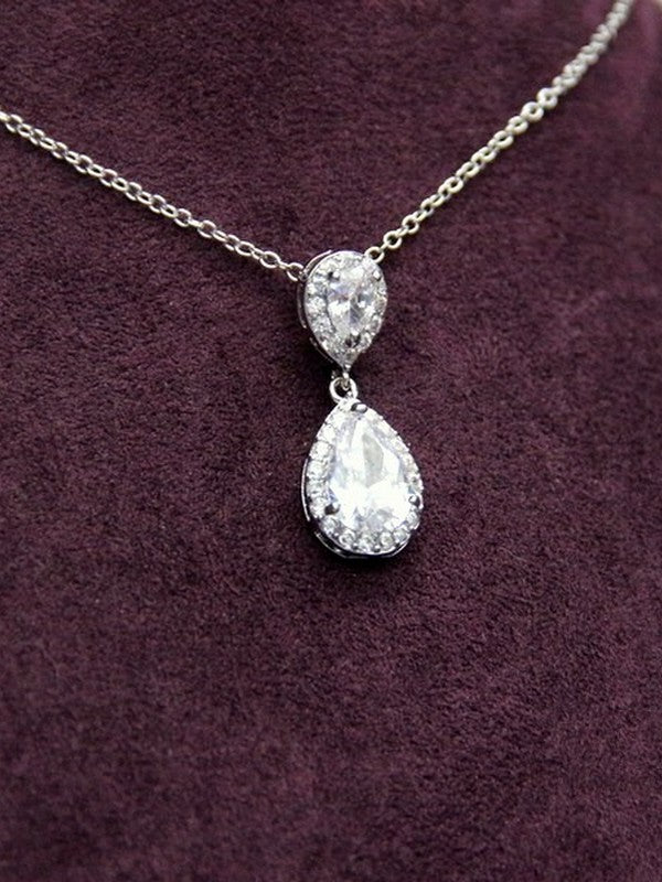 Soane pendentif collier de mariage deux gouttes cristal oxyde de zirconium serti et strass sur fine chaine