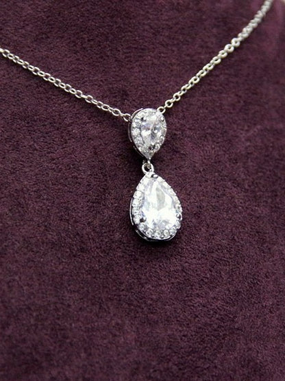 Soane pendentif collier de mariage deux gouttes cristal oxyde de zirconium serti et strass sur fine chaine