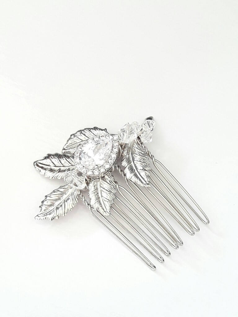 Tiena peigne mariage feuilles cristal et oxydes de zirconium