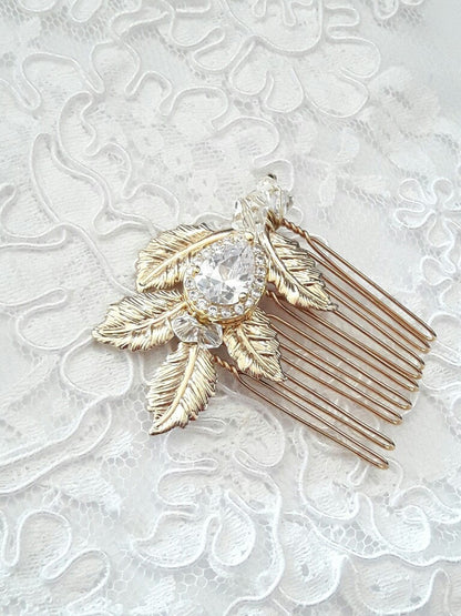 Tiena peigne mariage feuilles cristal et oxydes de zirconium
