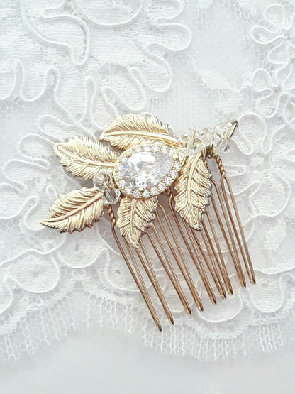 Tiena peigne mariage feuilles cristal et oxydes de zirconium